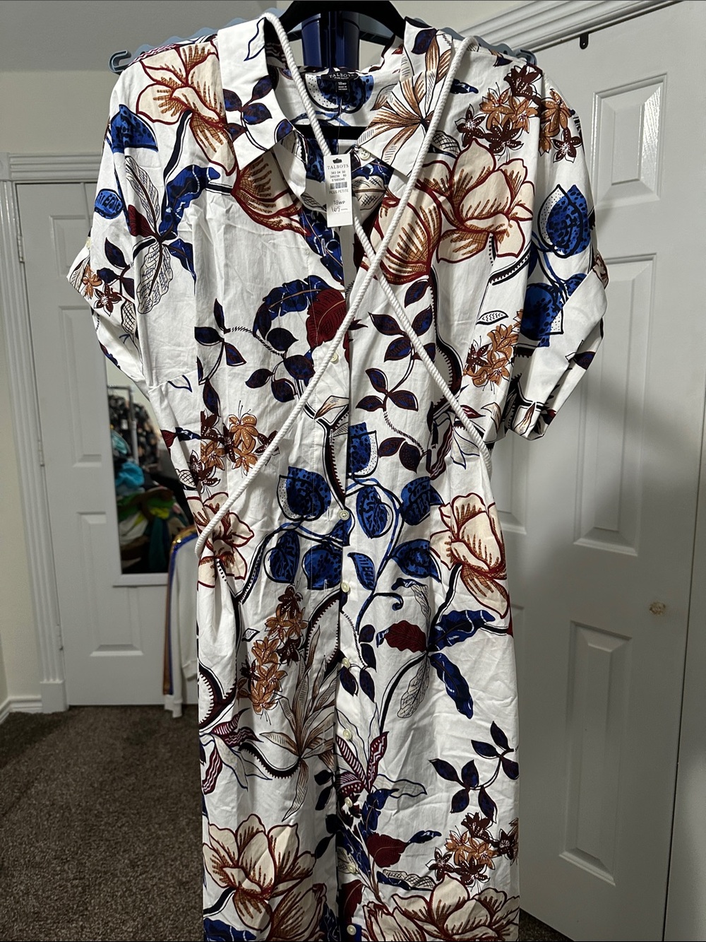 Talbots White Floral Wrap Midi Dress with Blue & Brown Motif